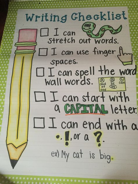 Writing Checklist Anchor Chart, Kindergarten Anchor Charts, Writing Checklist, 2nd Grade Writing, Classroom Anchor Charts, Writing Anchor Charts, First Grade Writing, Ela Classroom, Kindergarten Ela