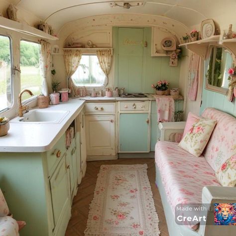 Cute Camper Interior, Shabby Chic Caravan, Shabby Chic Campers, Vintage Motorhome, Vintage Trailer Interior, School Bus Tiny House, Bus Ideas, Camper Interior Design, Vintage Camper Remodel