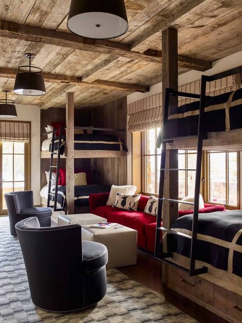 Tour a warm and inviting ski chalet nestled in Montana's snowy peaks Cabin Bunk Room, Modern Ski House, Montana Cabin, Ski House Decor, Ski Cabin, Bunk Rooms, Ski House, Custom Chair, Ski Chalet