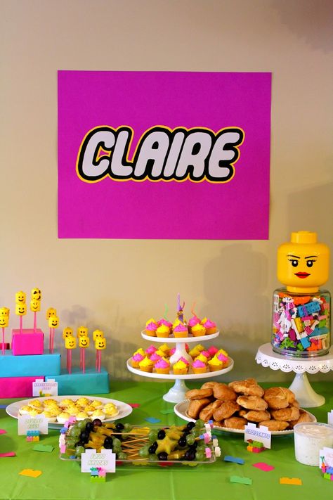 Schoolhouse Ronk: Claire's Girly Lego Party - The Decorations Lego Girls Birthday Party, Lego Party Favor, Lego Party Food, Girls Lego Party, Lego Soap, Girls Lego, Lego Party Decorations, Lego Party Favors, Lego Friends Birthday