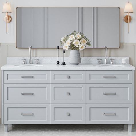 Ariel Bath ARIEL Monroe 73 Double Sink Bathroom Vanity with Italian Carrara Marble Top | Wayfair Large Bathroom Vanity, Master Bath Vanity, Small Bathroom Vanities, Cabinets And Countertops, Bathroom Vanity Base, Quartz Countertop, White Quartz Countertop, White Marble Countertops, Double Sink Bathroom