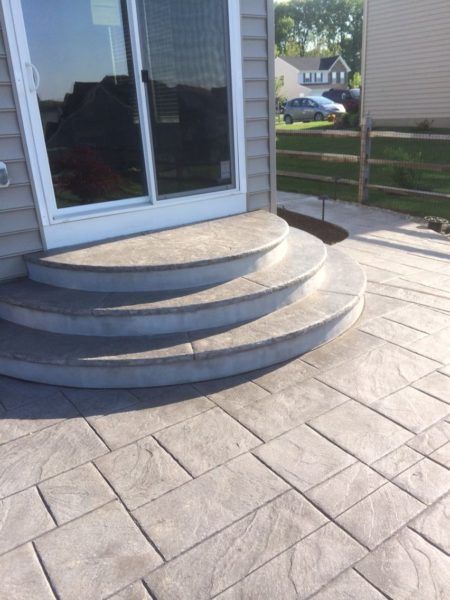 Gallery - Morrison Custom Concrete Backyard Patio Designs Concrete Modern, Stamped Concrete Patio With Steps, Stamped Concrete Front Steps, Elevated Concrete Patio, Large Concrete Patio Ideas, Modern Stamped Concrete Patio, Concrete Patio Steps, Poured Concrete Patio Ideas, Stamped Concrete Steps