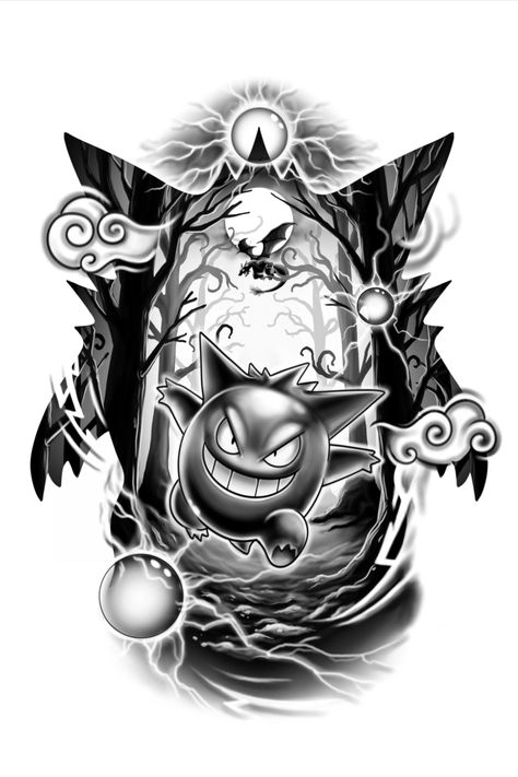 Explore the enchantment of this custom Gengar tattoo on the front thigh. In realistic black and white, Gengar sprints, casting spells towards the front and side. The forest background under the moonlight sets the mystical stage, with Charizard's silhouette soaring. An artistic fusion of Pokémon magic and ink mastery. #CustomTattoo #GengarTattoo #MoonlitMagic #ThighTattoo #RealisticInk #PokemonArt #CharizardSilhouette #TattooDesign #EnchantedInk #NighttimeTattoo Ganger Pokemon Tattoo, Under Your Spell Tattoo, Gangart Pokemon Tattoo, Pichu Tattoo, Gengar Pokemon Tattoo, Pokemon Tattoo Sleeve, Gengar Tattoo Design, Game Over Tattoo, Gengar Drawing