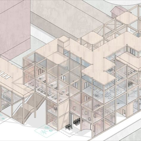 Designing a community center for International Students Flexible Architecture Spaces, Modular Structure Architecture, Grid Structure Architecture, Co Housing Architecture Concept, Modular Apartment Architecture, Structural Grid Architecture Plan, Modular Structure Design, Modular Architecture Design, Modular Building Design