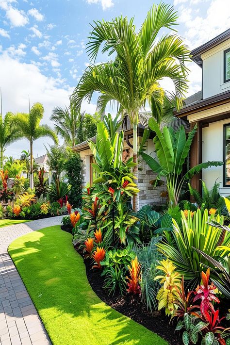 Lush tropical landscaping creating a paradise-like feel in a residential front yard. Small Tropical Backyard Ideas, Birds Of Paradise Landscaping Ideas, Florida Home Landscaping Front Yards, Florida Garden Design, Tropical Exterior House, Low Maintenance Florida Landscaping, Tropical Plants Outdoor Full Sun Florida, Plumeria Landscaping Ideas, Tropical Front Garden