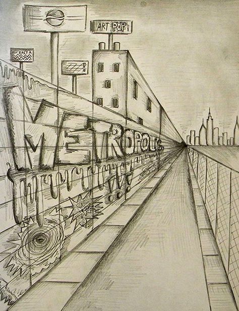 one-point city (simple) Pencil Drawing, Graffiti, Pencil