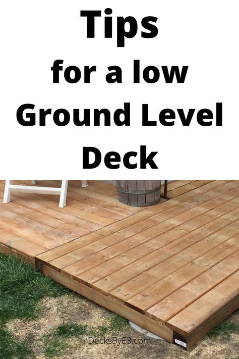 A ground-level deck can be built from 2×4 if the span is less than 5’8″ (1.72m), using ground contact treated lumber. Under a 2×4 deck, the ground will need to be covered to prevent weed growth through the decking on such a low deck. The decking needs to be designed for ground contact or sufficiently raised off the ground to prevent rot. Low Level Deck Ideas, Building A Deck On The Ground, Ground Level Decks Backyard, Small Ground Level Deck Ideas, Decks On The Ground, Small Platform Deck, How To Build A Deck On The Ground, Low Decks Backyard Ground Level, Ground Deck Ideas Backyards