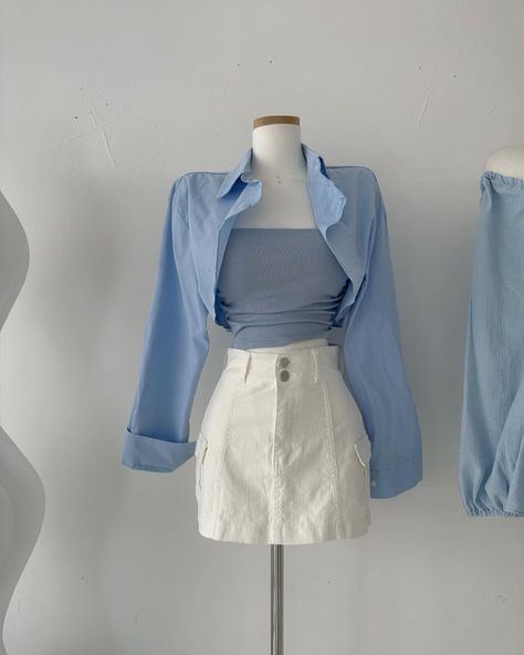 Korean Theme Outfit, Blue Top And Skirt Outfit, Blue And White Formal Outfit, Korean Inspired Outfits Casual, Pale Blue Outfit Aesthetic, Light Blue Formal Outfit, Soft Blue Aesthetic Outfits, White Blue Outfit Aesthetic, Sky Aesthetic Outfit