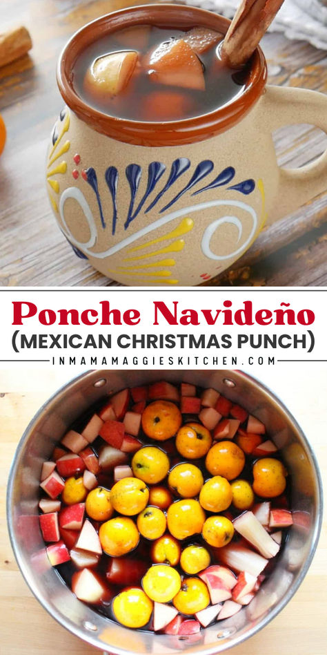 Celebrate with Ponche Navideño! This Mexican food recipe features Mexican Christmas Punch with piloncillo, dried hibiscus flowers, cinnamon sticks, apples, tejocotes, and guayaba. An easy Thanksgiving recipe to brighten your holiday. Make it today and delight your guests! Mexican Pitcher Drinks, Mexican Christmas Punch, Mexican Punch Non Alcoholic, Mexican Christmas Drinks, Mexican Fruit Punch, Ponche Recipe, Mexican Punch, Mexican Tea, Traditional Thanksgiving Recipes