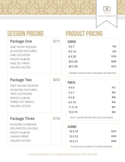 Photography service price list flyer template - modern. Photography Rate Card Design, Photo Packages Pricing, Graphic Design Price List, Price List Flyer Design, Photography Services Flyer, Photography Business Pricing, Photographers Price List, Photography Business Plan, Photography Price List Template