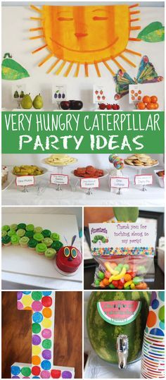 What an adorable Very Hungry Caterpillar party! Fun food ideas! See more party ideas at CatchMyParty.com! The Hungry Caterpillar Party, Caterpillar Party Ideas, Eric Carle Party, Hungry Caterpillar Food, Very Hungry Caterpillar Party, A Very Hungry Caterpillar, Fun Food Ideas, Caterpillar Party, Hungry Caterpillar Party