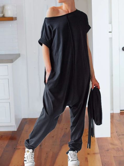 Plain Jumpsuits, Loose Fit Jumpsuit, Womens Jumpsuits Casual, Cotton Jumpsuit, Short Sleeve Jumpsuits, Black Accessories, Jumpsuit With Sleeves, Casual Jumpsuit, Pantalon Large