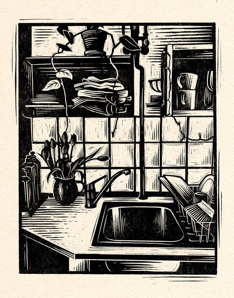 Sink Illustration, Woodcut Printing, Woodcut Illustration, Relief Printmaking, Woodcut Art, Drawing Procreate, Instagram Kitchen, Digital Art Drawing, Procreate Illustration