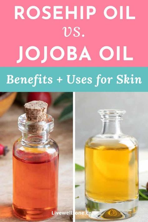 Rosehip oil and jojoba are some of the most popular carrier oils in the natural skin care world. This article compares both oils by giving you the benefits of rosehip oil, benefits of jojoba oil and tips on how to use them for oily skin, acne and even, stretch marks. Benefits Of Jojoba Oil For Face, Best Oil For Body Skin Care, Jojoba Oil Benefits For Skin, Rose Hip Oil Benefits, Face Oil Diy, Jojoba Oil For Face, Jojoba Oil Uses, Jojoba Oil For Skin, Benefits Of Rosehip Oil