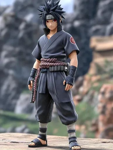 ↑↑↑ Larger size on website 🔸 The image shows a young man with spiky black hair and red eyes, wearing a black ninja outfit with a Black Ninja Outfit, Spiky Black Hair, Ninja Bun, Black Hair And Red Eyes, Serious Expression, Black Ninja, Ninja Outfit, Anime Ninja, Rope Belt