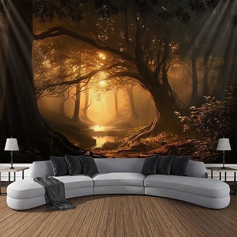 Nature Tapestry Bedroom, Wallpaper Murals Bedroom, Mountain Bedroom Decor, Treehouse Room, Forest Room Decor, Green Sofa Living, Wall Tapestry Bedroom, Tree Branch Wall Decor, Forest Room