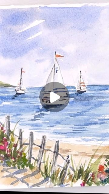 Sailboat On The Ocean, Watercolour Boats, Watercolor Beach Scenes, Sailboat Painting Watercolor, Boat Watercolor Painting, Watercolour Buildings, Watercolor Boats, Ocean Watercolor Painting, Large Watercolor Painting