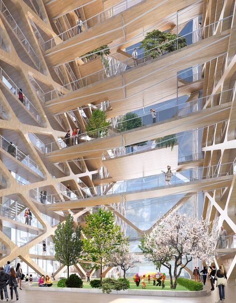 Atrium. Image Courtesy of River Beech Tower Timber Tower, Wooden Skyscraper, Mass Timber, Rendering Interior, World Architecture Festival, Timber Architecture, Future Buildings, Timber Buildings, Timber Structure