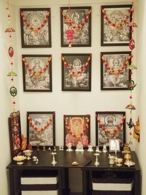 Home temple decoration Hindu Decor, Pooja Door Design, Ganapati Decoration, Temple Decor, Temple Design For Home, Meditation Room Decor, Goddess Decor, Indian Home Design, Pooja Room Door Design