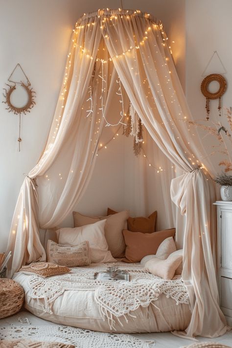 29 Cozy Boho Style Bedroom Ideas 6 Bedroom Cozy Fairy Lights, Corner Bed With Canopy, Bedroom With Vines And Fairy Lights, Boho Cozy Corner, Fairy Tale Room Decor, Canopy Bed Corner, Fairy Theme Bedroom Ideas, Sage Green Cottage Core Bedroom, Corner Bed Canopy Ideas