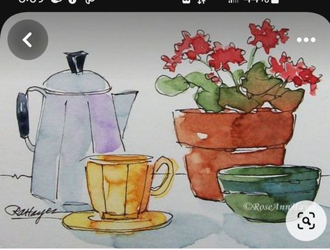 Yellow Coffee Cup, Learn Watercolor Painting, Watercolor Flowers Tutorial, Vintage Coffee Pot, Vintage Teapot, Learn Watercolor, Yellow Coffee, Watercolor Paintings For Beginners, Watercolor Pictures