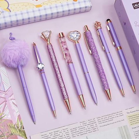 Amazon.com : WEMATE 8Pcs Ballpoint Pens Set Purple Pens Set Purple Ballpoint Pen Bling in Black & Blue Metal Crystal Diamond Pen for Journaling Glitter Fancy Pens Gifts for Women Wedding Office : Office Products Elegant Writing, Cute Writing, Purple Pen, Stationery Obsession, Cute Stationary School Supplies, Fancy Pens, Pen Set Gift, Pretty Pens, Diamond Pen