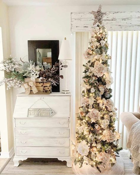 49 Pencil Christmas Tree Decorating Ideas This Holiday Season Pencil Trees Decorating Ideas, White Pencil Christmas Tree, Christmas Tree Decorating Tips, Christmas Arch, Christmas Tree Decorating Ideas, Tall Christmas Trees, Tree Decorating Ideas, Frosted Christmas Tree, Slim Tree