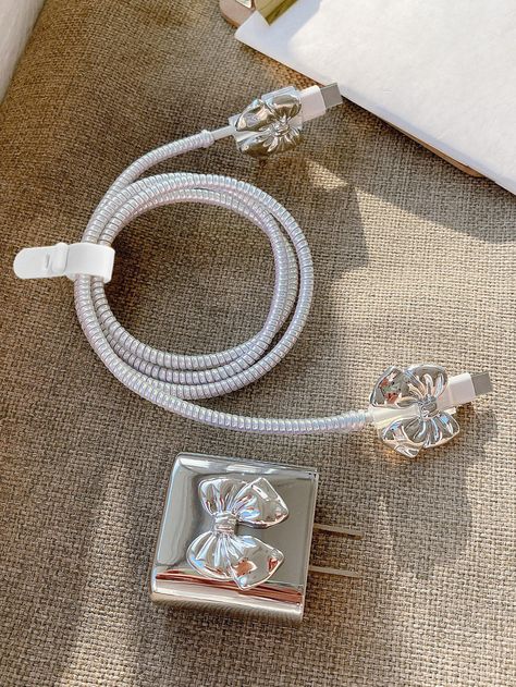 5pcs Bow Decor Data Cable Protector & Charger Head Cover Set | SHEIN USA Charger Protector, Cable Cover, Charger Case, Cable Protector, Bow Decor, Phone Cables, Iphone Charger, Silver Bow, Data Cable