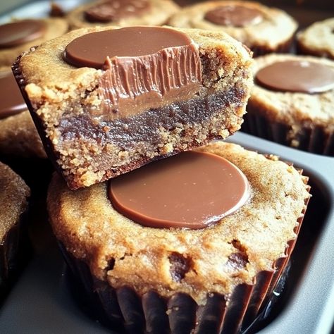 Peanut Butter Cup Stuffed Brookies Peanut Butter Cup Stuffed Brookies Recipe, Gourmet Peanut Butter Cups, Brookie Muffins, Peanut Butter Cup Brookies Recipe, Monster Brookies, Brookie Cups, Brookies Recipes, Peanut Butter Brookies, Stuffed Brookies