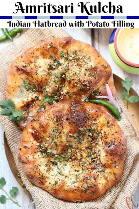 Amritsari Kulcha | Stuffed Kulcha recipe | Aloo Kulcha Stuffed Kulcha, Amritsari Kulcha, Leavened Bread, Indian Bread Recipes, Kulcha Recipe, Vegan Brunch Recipes, Indian Appetizers, Punjabi Food, Vegan Brunch