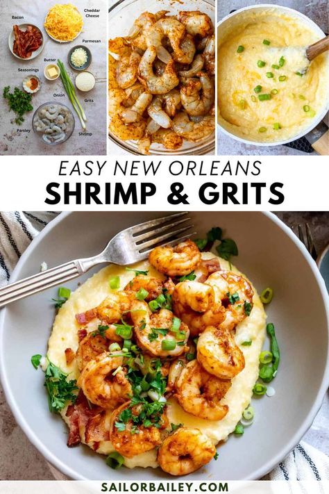 Enjoy a classic New Orleans shrimp and grits featuring cheesy grits topped with juicy Cajun shrimp and fresh herbs. A delicous and crowd-pleasing dinner or lunch ideas that is incredibly easy to make! Shrimp And Grits Recipe New Orleans, Grits Appetizer, New Orleans Shrimp And Grits, Best Shrimp And Grits Recipe, New Orleans Shrimp, Easy Shrimp And Grits, Southern Shrimp And Grits, Shrimp And Sausage Pasta, Sailor Bailey