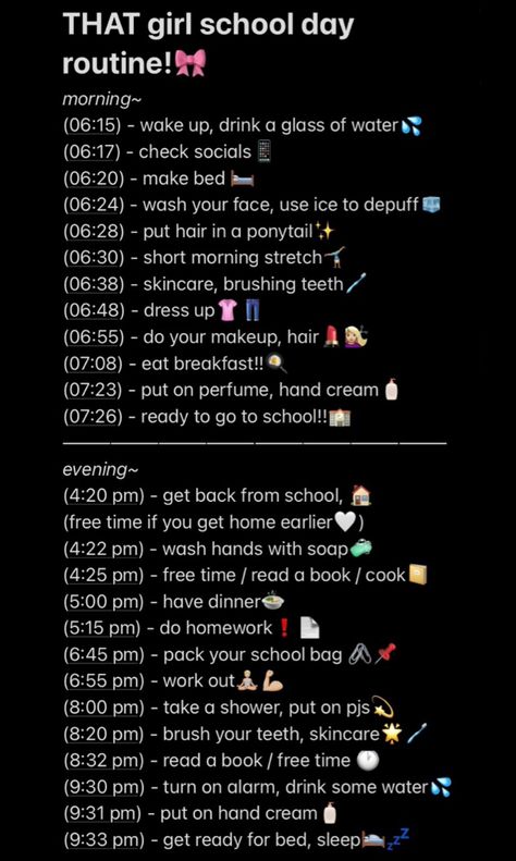 Glow Up Schedule School, Glow Up School Morning Routine, Good Night Routines For School, Productive Day Checklist, Daily Routine Schedule School Day, After School Productive Routine, Night Routine Ideas List, Glowup Routine For Teens, Routine For After School