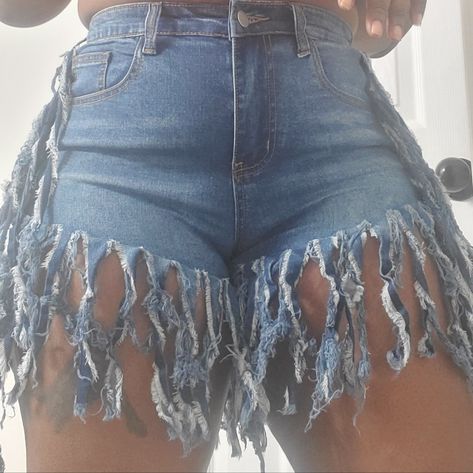 Blue Jean Fringe Shorts Fringe Shorts, Fringe Pants, Toy Story Costumes, Outfit Collection, Fashion Goals, Cute Nike Shoes, Denim Skirts, Blue Denim Shorts, Black Fringe