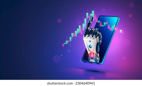 Robot trader. AI for automation trading on stock market. Hand robot point at candlestick graph on screen phone. Artificial intelligence trader. Artificial Neural network in App for Online trading. Big Data Technologies, Laptop Display, Artificial Neural Network, Data Network, Online Communication, Smart Robot, Neural Network, Predictive Analytics, Medical Technology