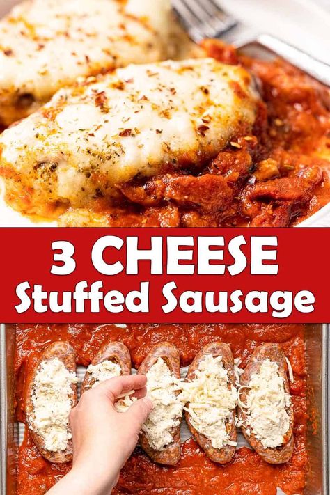 This is a quick and easy sausage recipe that’s super cheesy and comforting! Italian sausage links are split and stuffed with a blend of ricotta, mozzarella, and Parmesan and baked with tomato sauce. This easy dinner idea uses only 6 ingredients! Stuffed Italian Sausage 12 Tomatoes, Recipes With Pork Sausage Links, Sausage And Ricotta Recipes, Meals With Italian Sausage Links, Hot Sausage Link Recipes, Stuffed Italian Sausage Recipes, Italian Sausage Links Pasta, Hot Italian Sausage Link Recipes, What To Make With Italian Sausage Links