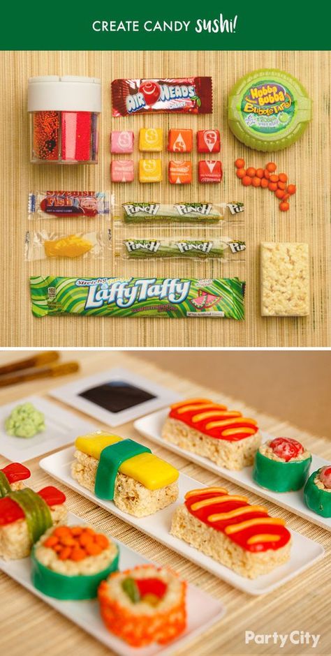 Break out the chopsticks! Create a special party treat for your sushi-loving friends with candy from Party City! Start with marshmallow rice cereal and wrap with your favorite treats. This sweet roll uses Laffy Taffy®️️, M&M’S®️️, Starbursts®️️, sprinkles and Swedish Fish®️️. However you roll, candy sushi is the perfect way to give your party a pop of creativity! Snacks For Kids Party, Kids Desserts, Candy Sushi, Dessert Sushi, Sushi Party, Laffy Taffy, Snacks For Kids, Swedish Fish, Rice Cereal