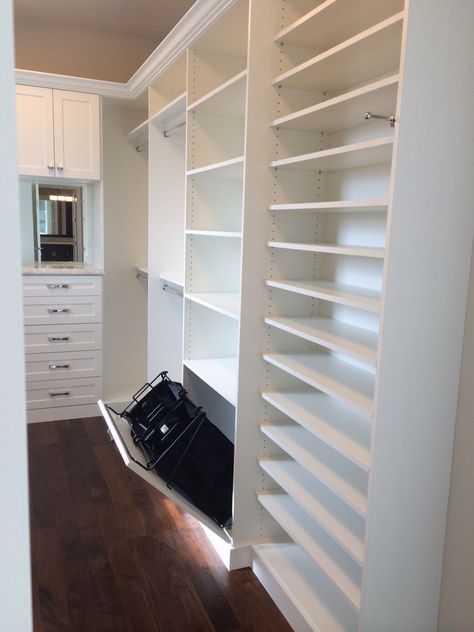 Hamper Built In Closet, Closet With Built In Laundry Bin, Built In Laundry Hamper, Primary Closet, Diy Custom Closet, Master Closet Design, Bathroom And Walk In Closet, Master Bath And Closet, Corner Closet