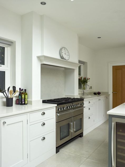 Light And Airy Kitchen, Painted Shaker Kitchen, Small Open Kitchens, Edwardian Kitchen, Grey Shaker Kitchen, Airy Kitchen, Kitchen Cooker, Open Plan Kitchen Dining Living, Kitchen Vent