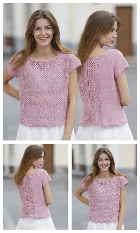 Button Back Tee Top Free Knitting Patterns - Knitting Pattern Knitted Top Patterns Free For Women, Knitted Cotton Tops For Women Summer, Knitted Tee Shirt Patterns, Knit Summer Tops Free Patterns, Summer Knit Top Pattern Free, Knit Top Pattern Free, Lace Sweater Pattern, Lace Top Patterns, Crochet Vests