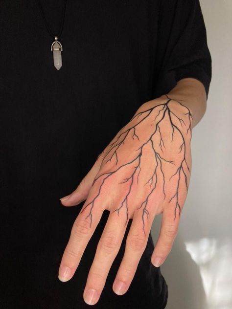 Fresh hand poison / lightning tattoo Lighting On Hand Tattoo, Lightning On Hand Tattoo, Vine Hand Tattoo Men, Tätoo Arm Man, Poison Tree Hand Tattoo, White Ink Tattoo Hand, Wrist And Hand Tattoos Men, Lightning Neck Tattoo, Vein Tattoo Arm