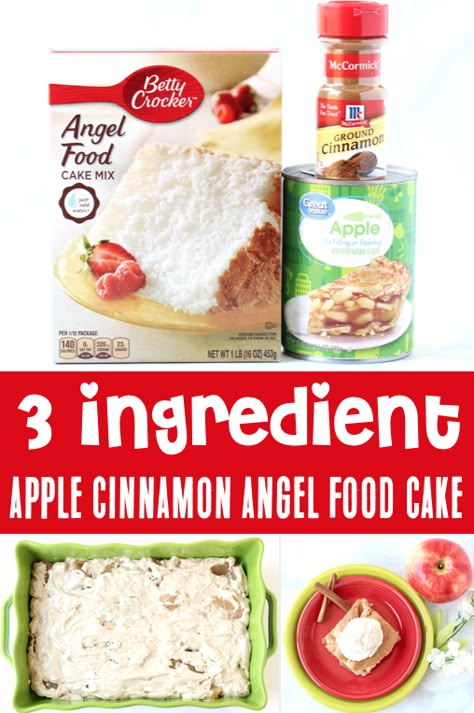 Apple Desserts - Easy Fall Angel Food Dump Cake!  With the perfect blend of fragrant Cinnamon and sweet Apples, this cozy Fall dessert is just what your week needs!  It's light, fluffy, and the perfect ending to any day!  Just 3 ingredients and you're done!  So go grab the recipe and give it a try this week! Apple Pie Angel Food Cake, Homemade Baked Desserts Easy, Apple Angel Dump Cake, Dump Cake With Angel Food Cake, Ww Angel Food Cake Recipes, What To Make With Angel Food Cake, Boxed Angel Food Cake Recipes, Cake For Diabetics Recipe, Angle Food Cake Dessert Ideas