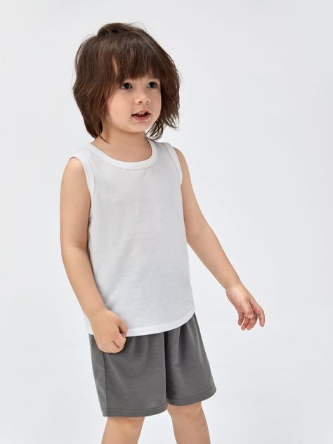 White Casual   Polyester Plain Tank Embellished Slight Stretch Summer Toddler Boys Clothing Tang Top, Top Boy, Shein Basics, Kids Tank Tops, Solid Tank Tops, Teenage Boys, Toddler Boy Outfits, Casual Clothes, Boys Top