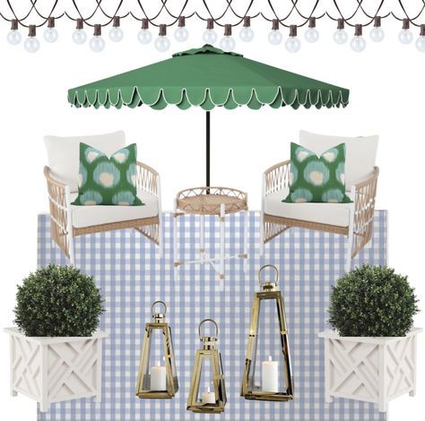 Blue And White Outdoor Planters, Preppy Patio Outdoor Spaces, Outdoor Patio Ideas With Umbrella, Grand Millennial Patio, Grand Millennial Porch, Grandmillenial Patio, Chinoiserie Patio, Green Patio Ideas, Blue And White Patio