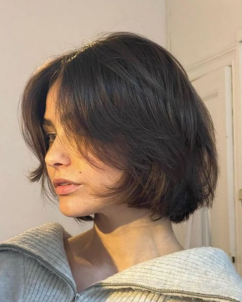 Layered Bob Chin Length, Bob Long Face Shape, Short Bob Curtain Bangs Straight, Long "bixie" Haircut 90s, 90s Short Hair Aesthetic, Pixie Long Haircut, Wolf Cut Short Straight Hair, Shirt Hair Haircut, Textured Chin Length Bob