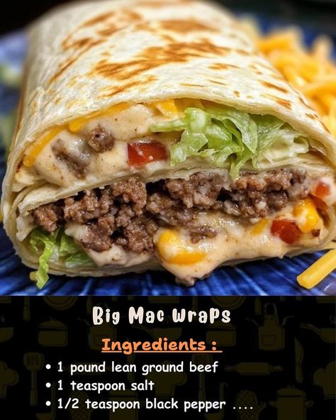 Ingredients: 1 pound lean ground beef 1 teaspoon salt 1/2 teaspoon black pepper... Big Mac Crunchwrap, Ground Beef Wrap, Big Mac Wraps Healthy, Big Mac Burrito, Cheeseburger Wraps Ground Beef, Big Mac Wrap Recipe, Big Mac Quesadilla, Big Mac Wrap, Burger Wraps