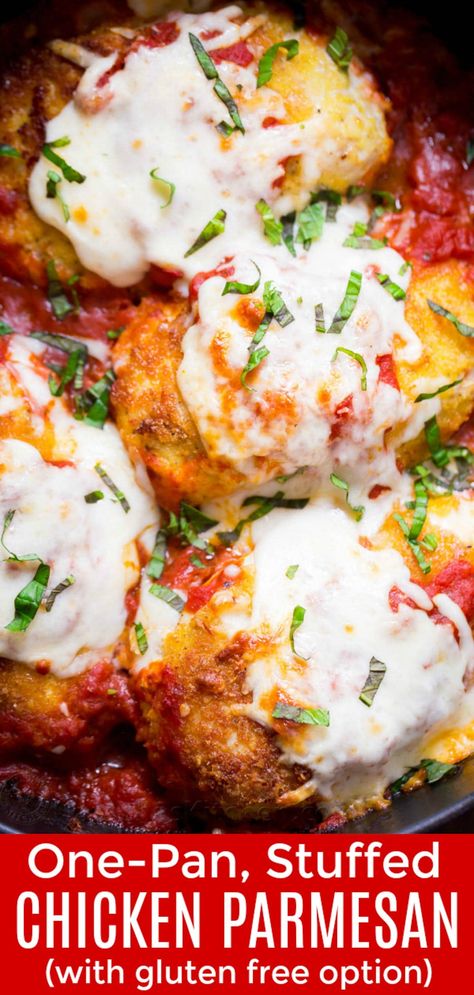 Mouth Watering Good! This Stuffed Chicken Parmesan is crisp on the outside and so juicy with a surprise inside. This is an easy, one-pan, 30 minute parmesan chicken dinner you'll make over and over! | natashaskitchen.com Stuffed Chicken Parmesan, Parmesan Chicken, Stuffed Chicken, Chicken Parmesan, Marinara Sauce, Poultry Recipes, Italian Dishes, Marinara, Popular Recipes