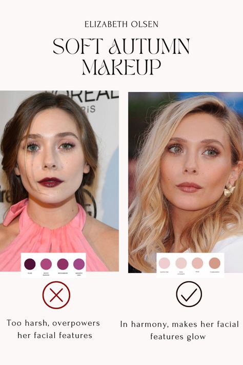 Soft Autumn Makeup Elizabeth Olsen Muted Makeup, Color Season Analysis, Season Analysis, Soft Autumn Makeup, Autumn Color Palette Fashion, Soft Autumn Palette, Autumn Skin, Soft Autumn Color Palette, Soft Summer Palette