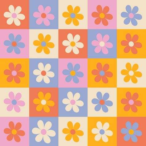 Hippie retro vintage flowers seamless pattern in 70s-80s style. Flat vector illustration. Retro Patterns Aesthetic, Retro Flowers Drawing, 70s Flowers Aesthetic, 70 Flower Pattern, 80s Flower Pattern, Retro Spring Wallpaper, Retro Art Prints 80s, Flower Power Pattern, Aesthetic Seamless Pattern