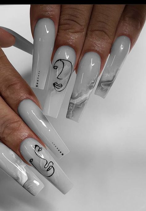 Long Square Summer Acrylic Nails, Acrylic Nails With Initials, Classy White Nails, Nails Invierno, Ballerina Acrylic Nails, Nail Inspo Trendy, Grey Acrylic Nails, Elegant Touch Nails, Tapered Square Nails