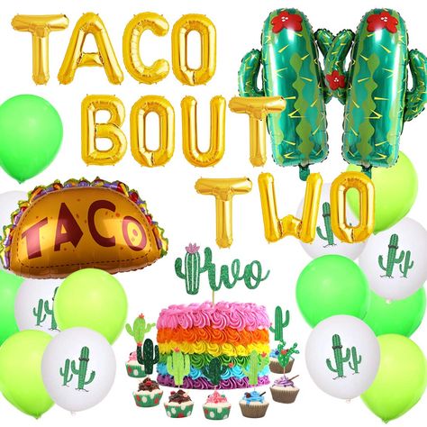 PRICES MAY VARY. Taco Bout Two Decorations: The complete party set is suitable for Mexican Fiesta 2nd birthday party, Cactus themed party and so on. Package Includes: 1 set of TACO BOUT TWO balloons(16 inches), 2 Cactus foil balloons(28*25 inches), 1 taco bout foil balloon(24*28 inches), 1 TWO cake topper, 8 cactus cupcake toppers, 26 latex balloons(12 inches). Easy To Assemble: The foil balloons can be self-sealing when finished blowing up, and the cake toppers made of sturdy paper cards are ve Fiesta 2nd Birthday, 2nd Birthday Party Decorations, Toddler Birthday Party Themes, Kids Party Balloons, Taco Twosday, Balloons Cake, 2nd Birthday Party For Girl, 2nd Birthday Boys, Fiesta Birthday Party